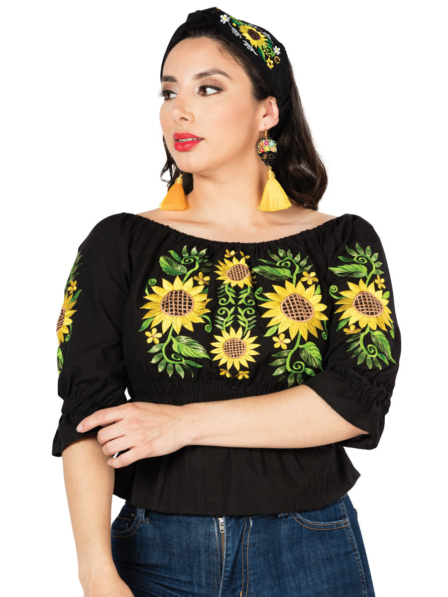 Handmade Blouse 3/4 Sleeve Embroidered with Sunflowers for Women Handmade Blouse Mexico Artesanal Black