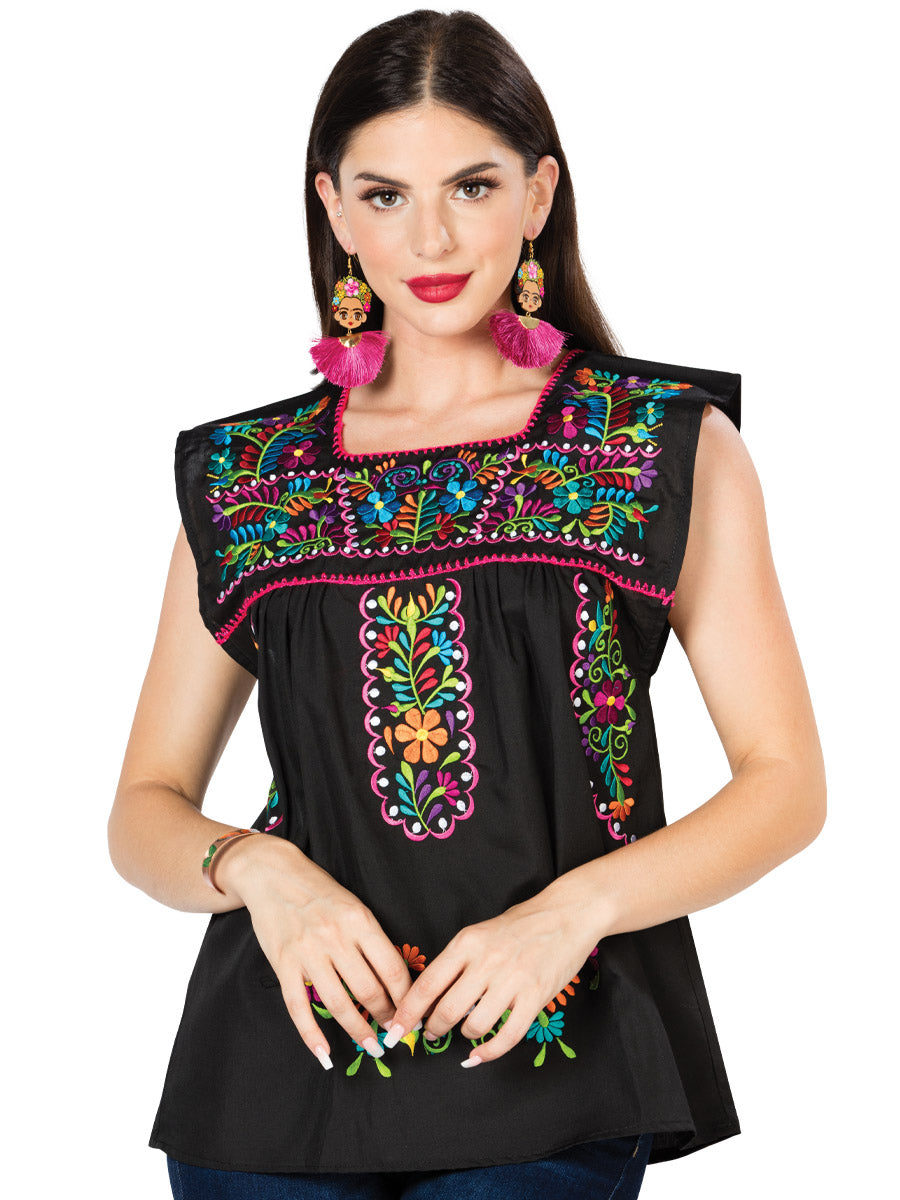 Handmade Sleeveless Blouse Embroidered with Flowers for Women Handmade Blouse Mexico Artesanal Black