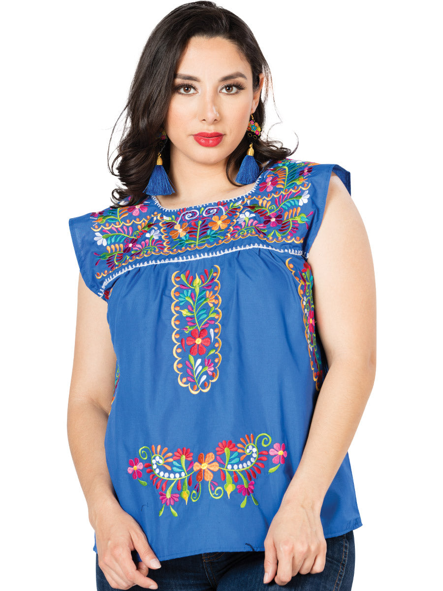 Artisanal Sleeveless Blouse Embroidered with Flowers for Women Handmade Blouse Mexico Artesanal Blue