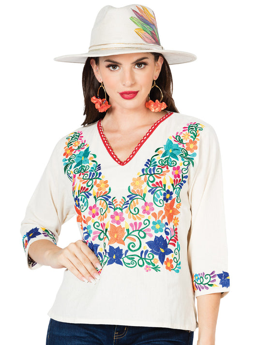Handmade Blouse V Neck Embroidered with Flowers for Women Handmade Blouse Mexico Artesanal Beige
