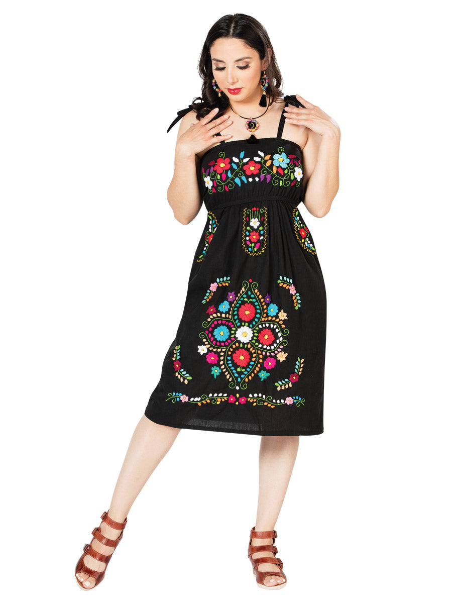 Vestido Artesanal de Tirantes Bordado de Flores para Mujer Handmade Dress Mexico Artesanal Black
