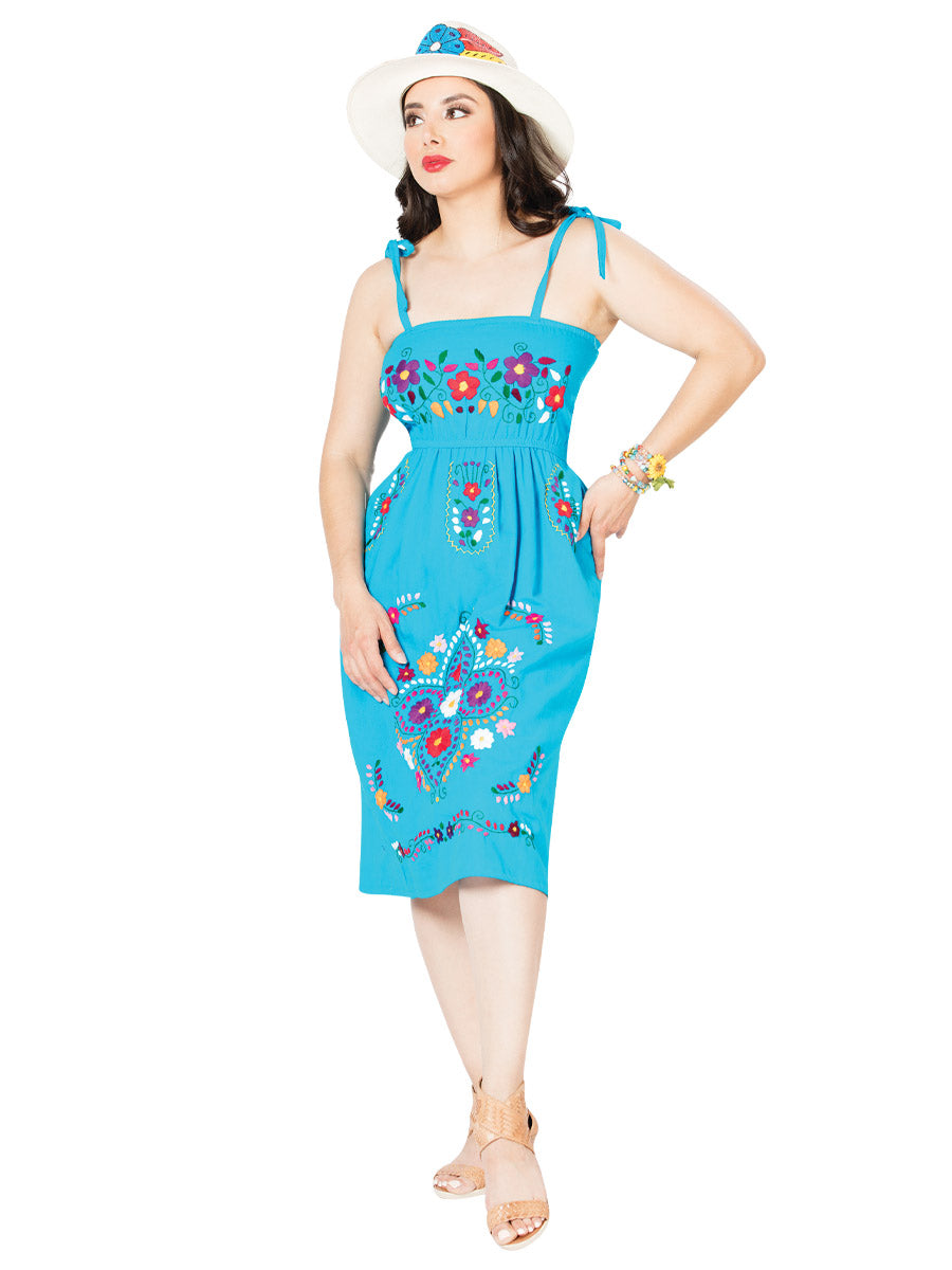 Vestido Artesanal de Tirantes Bordado de Flores para Mujer Handmade Dress Mexico Artesanal Blue