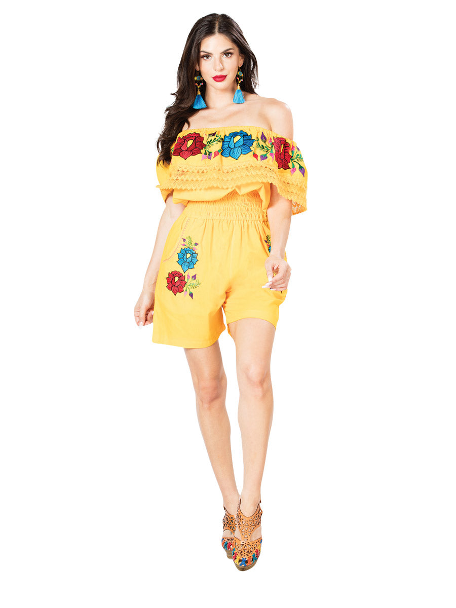 Short Jumpsuit Artisanal Embroidered Flowers for Woman