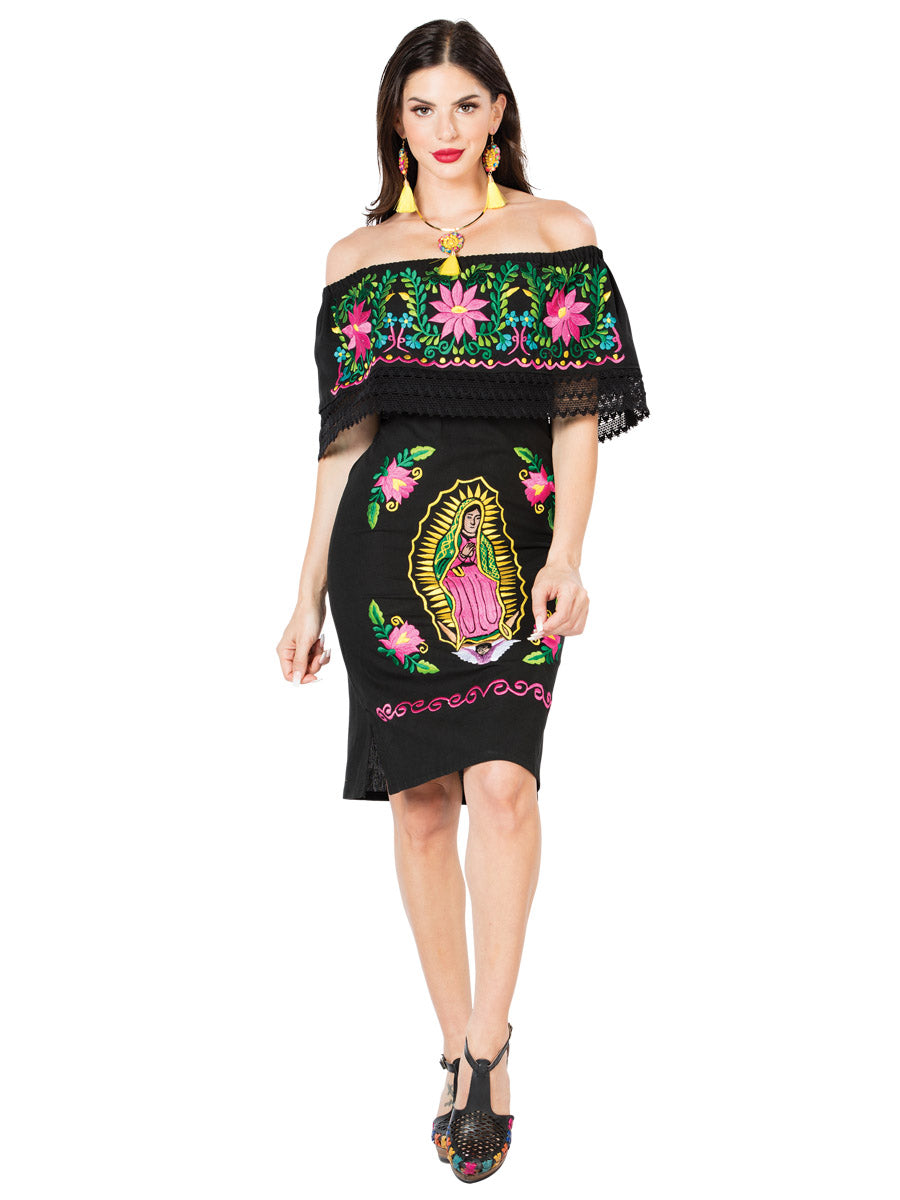 Olan Artisanal Dress Embroidered with Flowers and Virgin of Guadalupe for Women Handmade Dress Mexico Artesanal Black