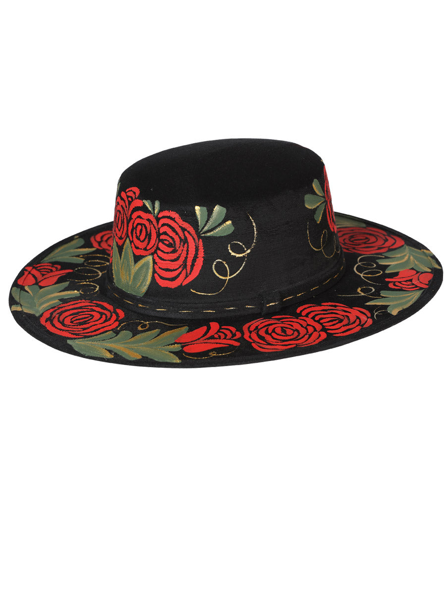 Hand Painted Floral Artisan Hat in Suede Leather for Women 'Mexico Artesanal' - ID: 603719 Artisan Hat Mexico Artesanal Black