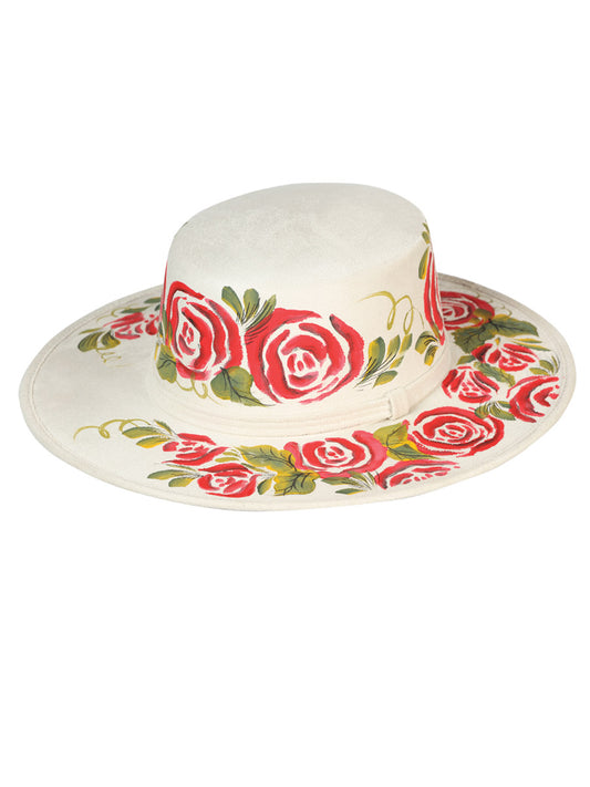 Sombrero Artesanal Floral Pintado a Mano de Piel Gamuza para Mujer 'Mexico Artesanal' - ID: 603720