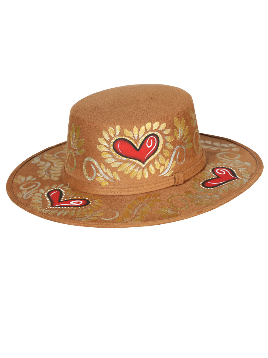 Sombrero Artesanal Floral Pintado a Mano de Piel Gamuza para Mujer 'Mexico Artesanal' - ID: 603723 Sombreros Artesanales Mexico Artesanal Camel