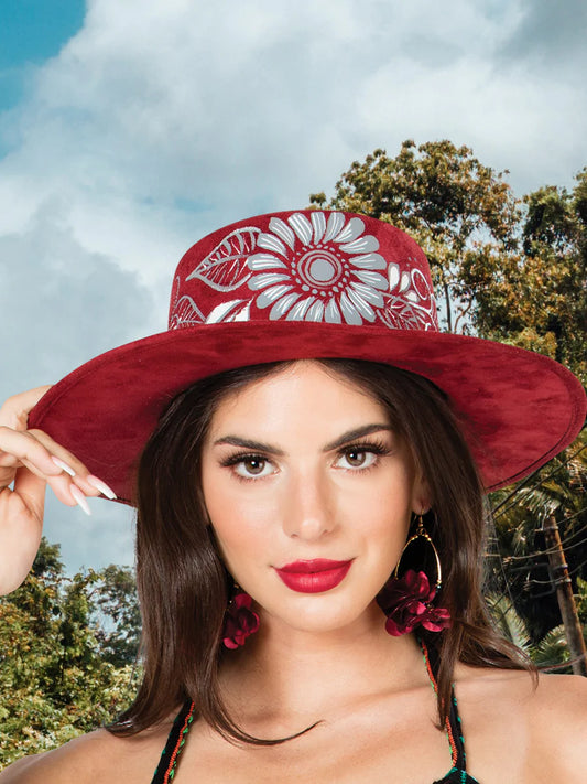 Sombrero Artesanal Floral Pintado a Mano de Piel Gamuza para Mujer 'Mexico Artesanal' - ID: 603727
