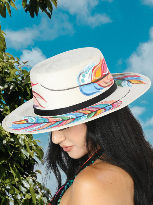 Sombrero Artesanal Hojas de Colores Pintado a Mano de Piel Gamuza para Mujer 'Mexico Artesanal' - ID: 603728