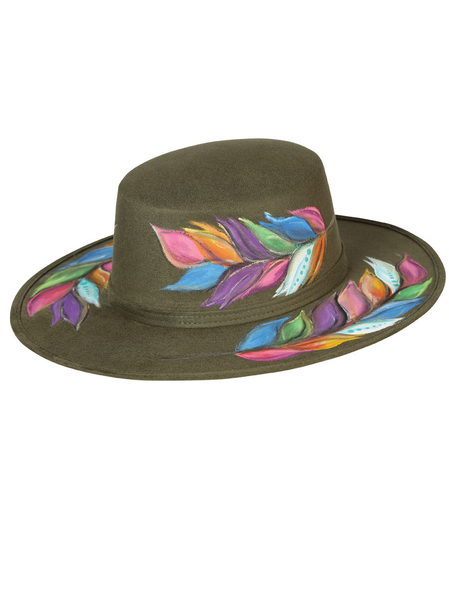 Sombrero Artesanal Hojas de Colores Pintado a Mano de Piel Gamuza para Mujer 'Mexico Artesanal' - ID: 603730 Sombreros Artesanales Mexico Artesanal Olivo