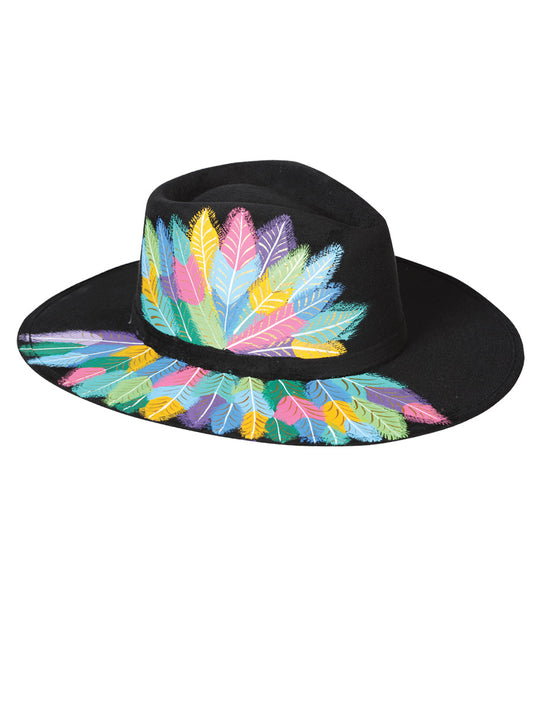 Sombrero Artesanal Plumas de Colores Pintado a Mano de Piel Gamuza para Mujer 'Mexico Artesanal' - ID: 603732