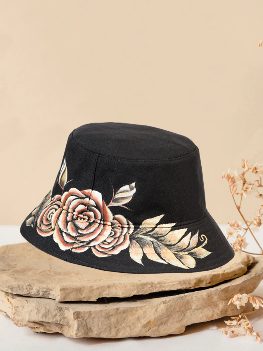 Sombrero Artesanal Floral Pintado a Mano de 100% Algodon para Mujer 'Mexico Artesanal' - ID: 603823
