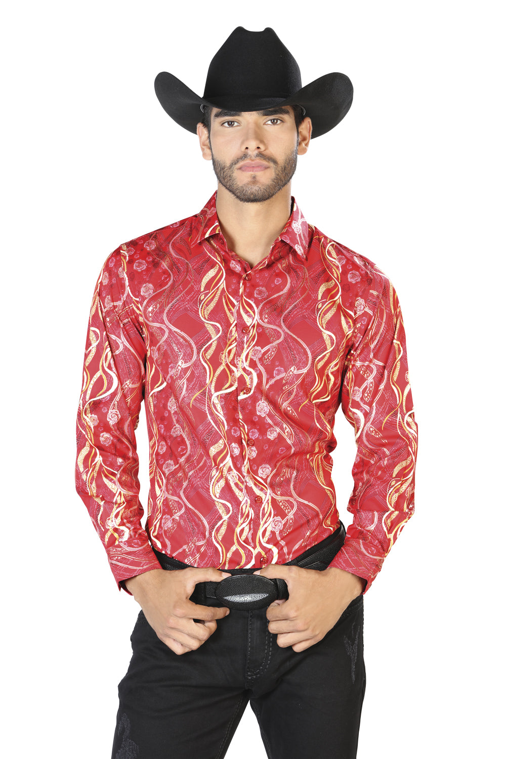 Camisa Vaquera Manga Larga Estampada Rojo para Hombre 'El Señor de los Cielos' - ID: 43461