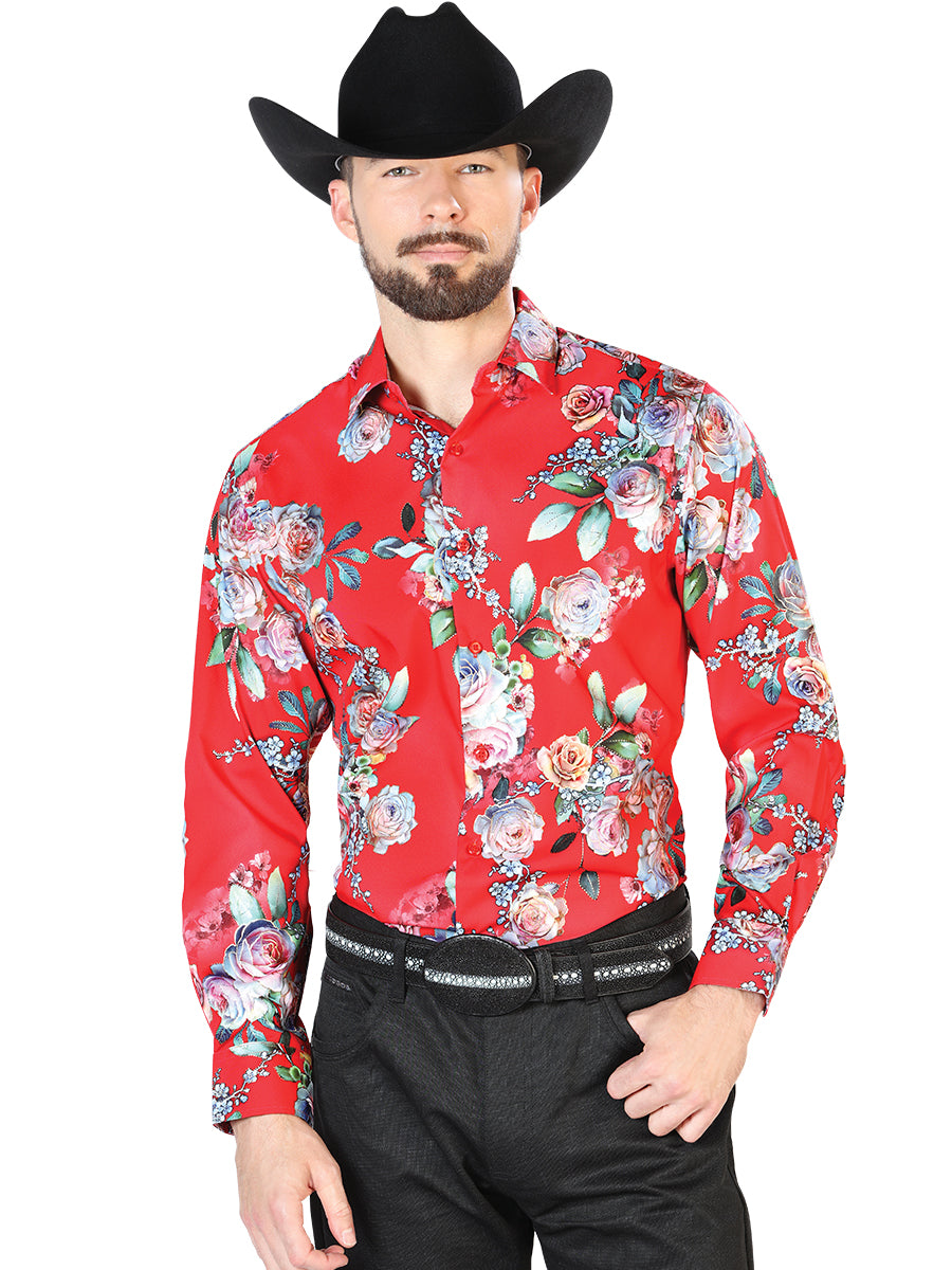 Red Floral Print Long Sleeve Denim Shirt for Men 'The Lord of the Skies' - ID: 43467