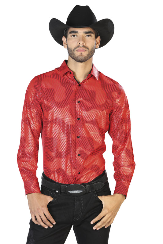 Camisa Vaquera Manga Larga Estampada Rojo para Hombre 'El Señor de los Cielos' - ID: 43468 Western Shirt El Señor de los Cielos Red
