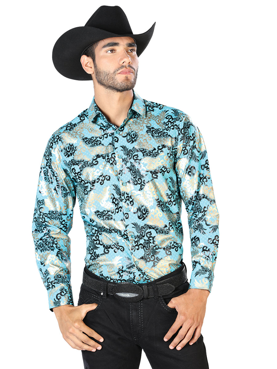 White Printed Long Sleeve Denim Shirt for Men 'The Lord of the Skies' - ID: 43794