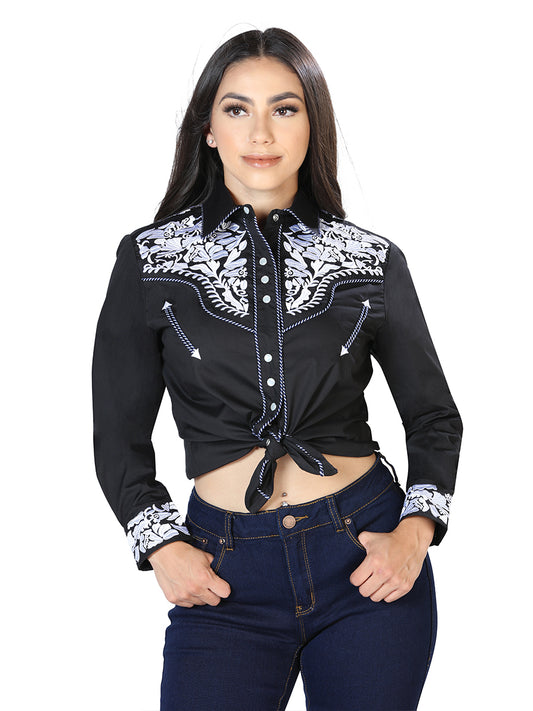 Black/White Embroidered Long Sleeve Denim Shirt for Women 'The Lord of the Skies' - ID: 43610