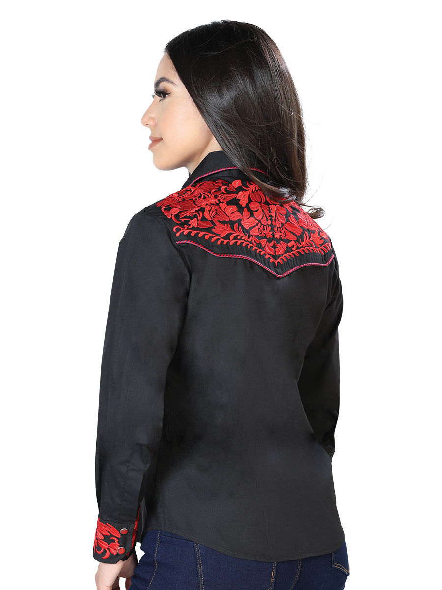 Black/Red Embroidered Long Sleeve Denim Shirt for Women 'The Lord of the Skies' - ID: 43611