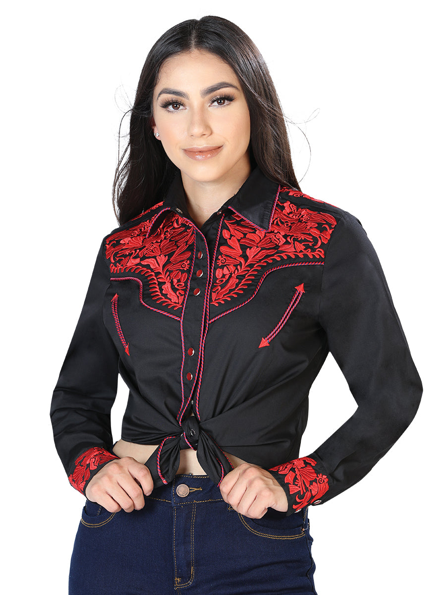 Black/Red Embroidered Long Sleeve Denim Shirt for Women 'The Lord of the Skies' - ID: 43611
