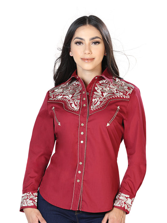 Wine/Khaki Embroidered Long Sleeve Denim Shirt for Women 'The Lord of the Skies' - ID: 43613