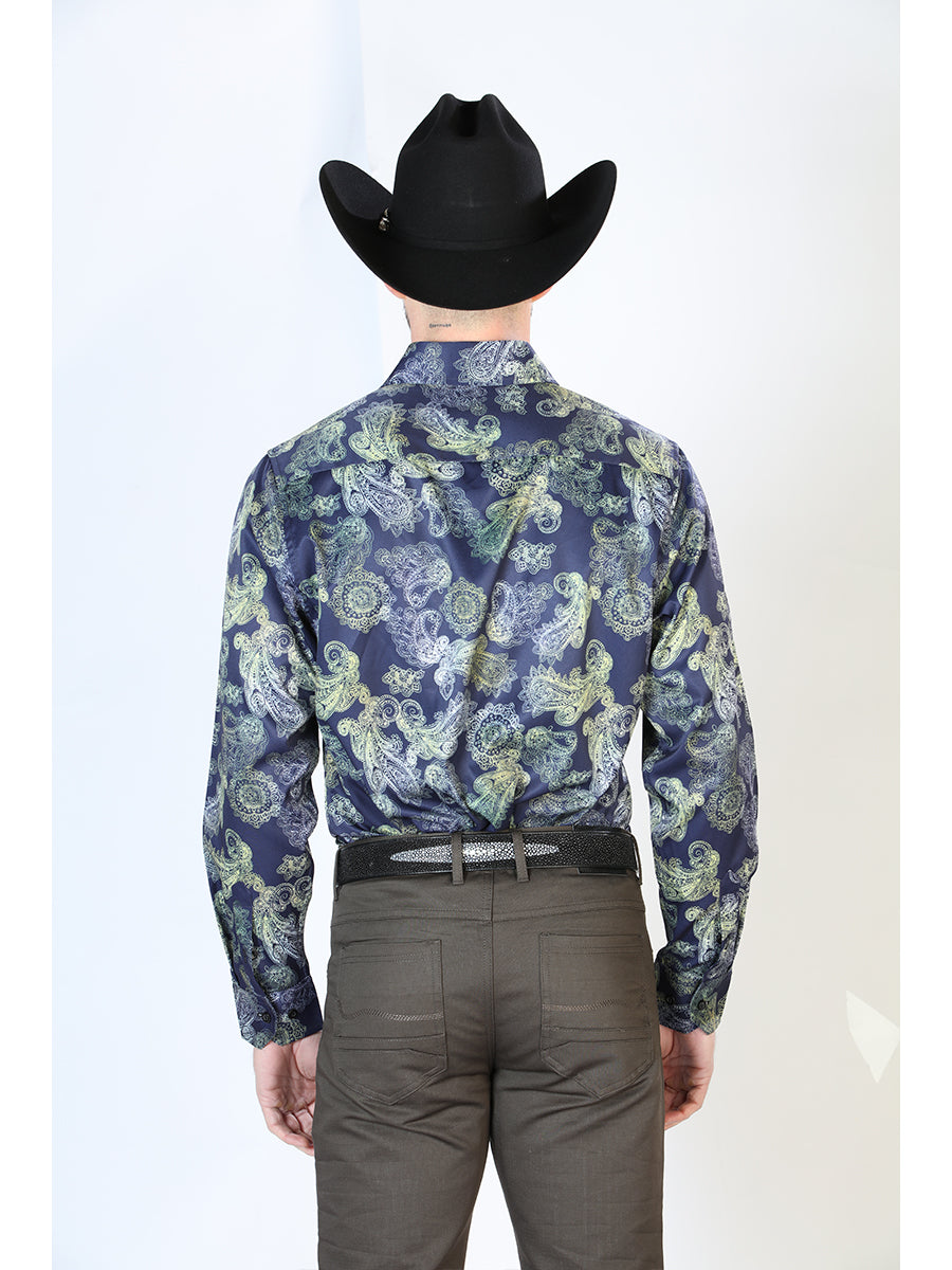 Blue Printed Long Sleeve Denim Shirt for Men 'The Lord of the Skies' - ID: 43666