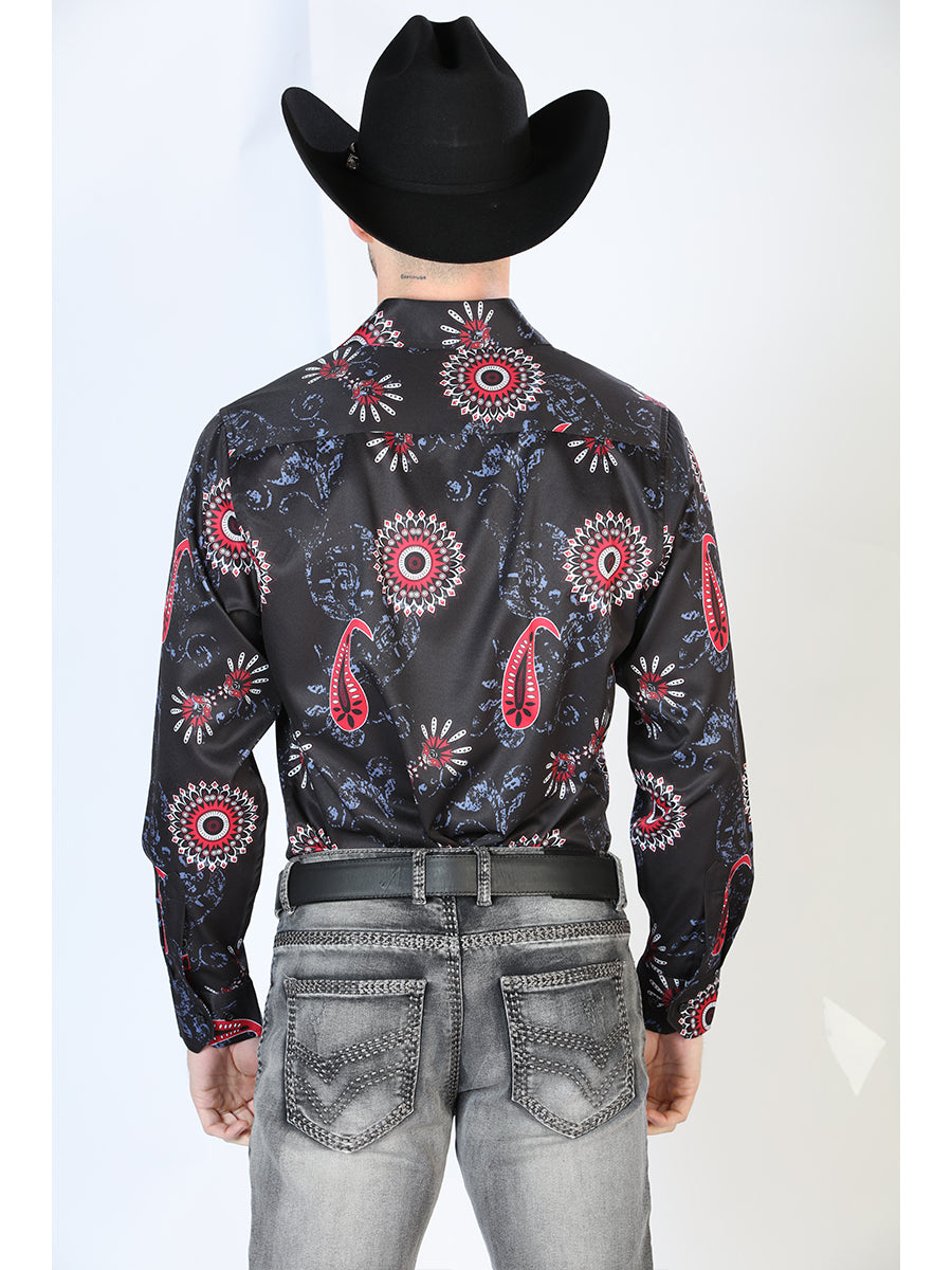 Black Printed Long Sleeve Denim Shirt for Men 'The Lord of the Skies' - ID: 43673