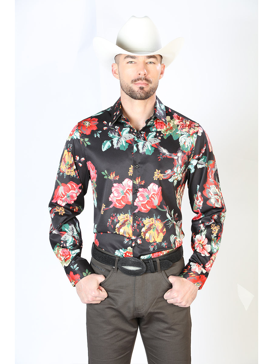 Black Floral Print Long Sleeve Denim Shirt for Men 'The Lord of the Skies' - ID: 43675