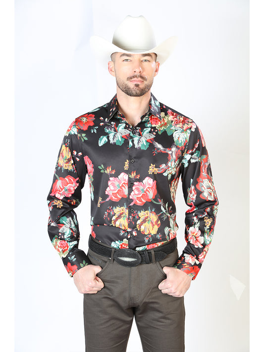 Camisa Vaquera Manga Larga Estampada Floral Negro para Hombre 'El Señor de los Cielos' - ID: 43675 Western Shirt El Señor de los Cielos Black