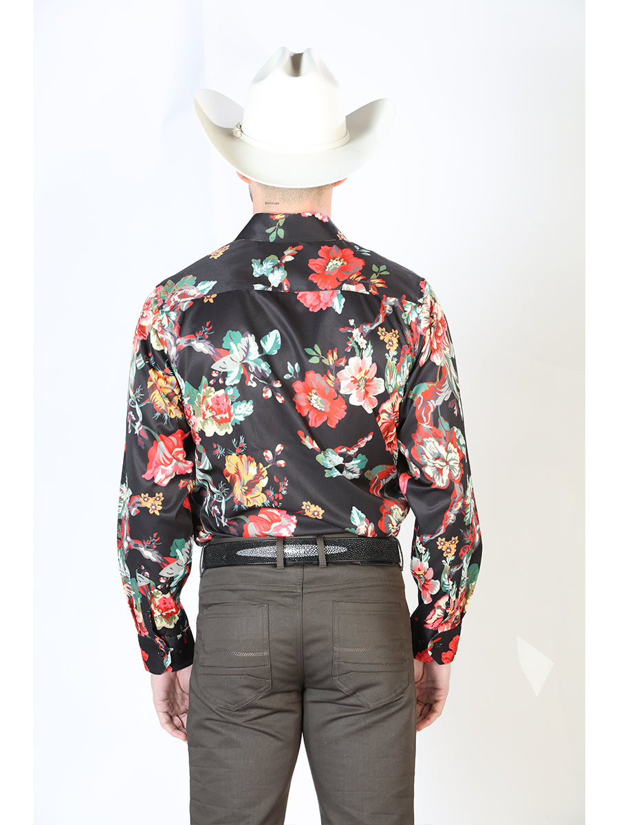 Camisa Vaquera Manga Larga Estampada Floral Negro para Hombre 'El Señor de los Cielos' - ID: 43675 Western Shirt El Señor de los Cielos 