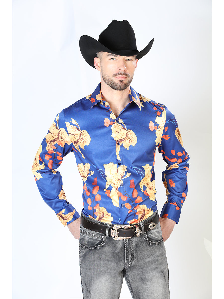 Blue Floral Print Long Sleeve Denim Shirt for Men 'The Lord of the Skies' - ID: 43676
