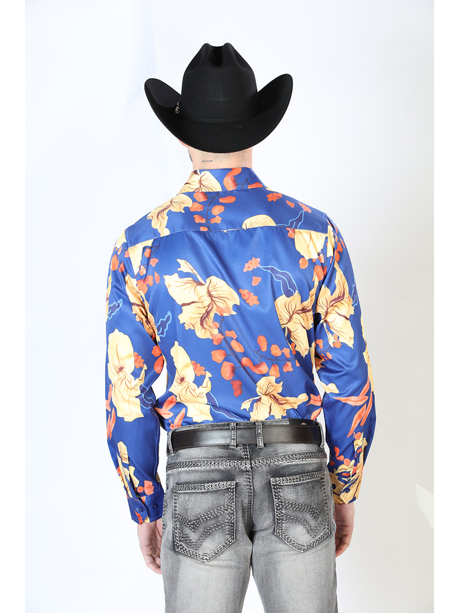 Blue Floral Print Long Sleeve Denim Shirt for Men 'The Lord of the Skies' - ID: 43676