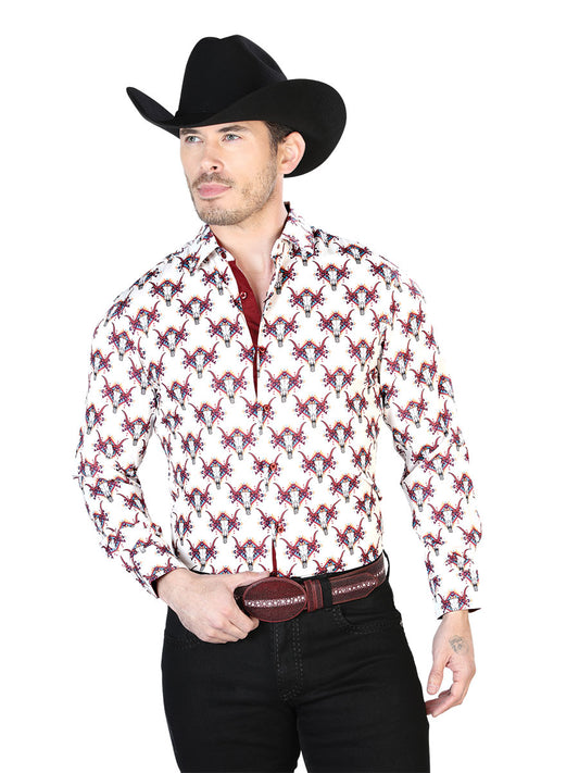 Camisa Vaquera Manga Larga Estampada Calaveras de Toro Marfil para Hombre 'El Señor de los Cielos' - ID: 43683