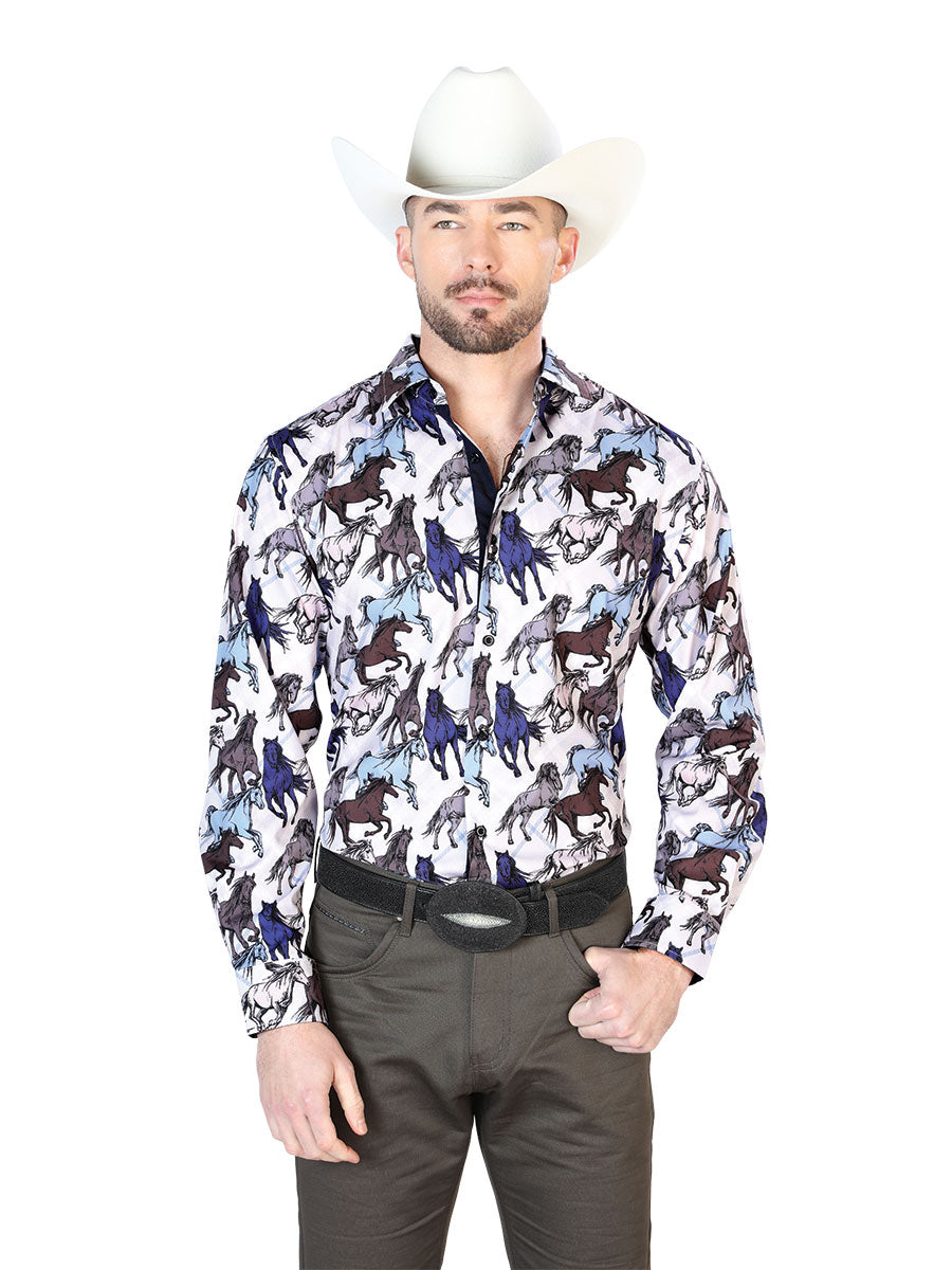 Camisa Vaquera Manga Larga Estampada Caballos Gris Pardo para Hombre 'El Señor de los Cielos' - ID: 43692 Western Shirt El Señor de los Cielos Taupe