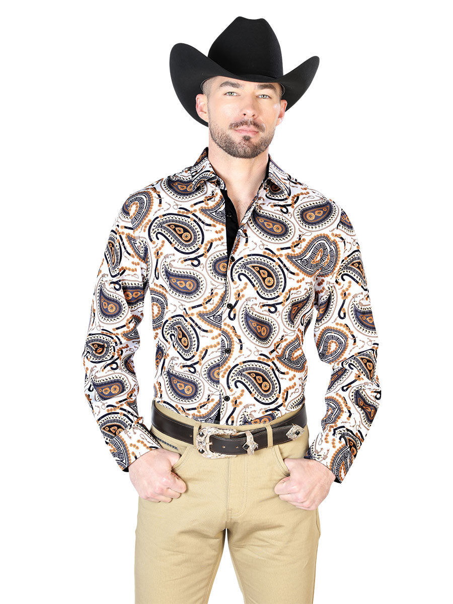 Long Sleeve Denim Shirt Printed Beige Cashmere for Men 'The Lord of the Skies' - ID: 43695