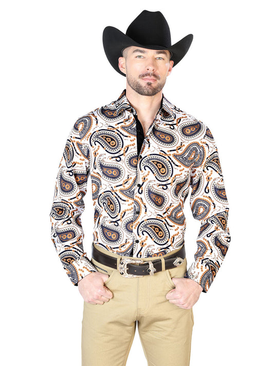 Beige Cashmere Printed Long Sleeve Denim Shirt for Men 'El Señor de los Cielos' - ID: 43695 Western Shirt El Señor de los Cielos Beige