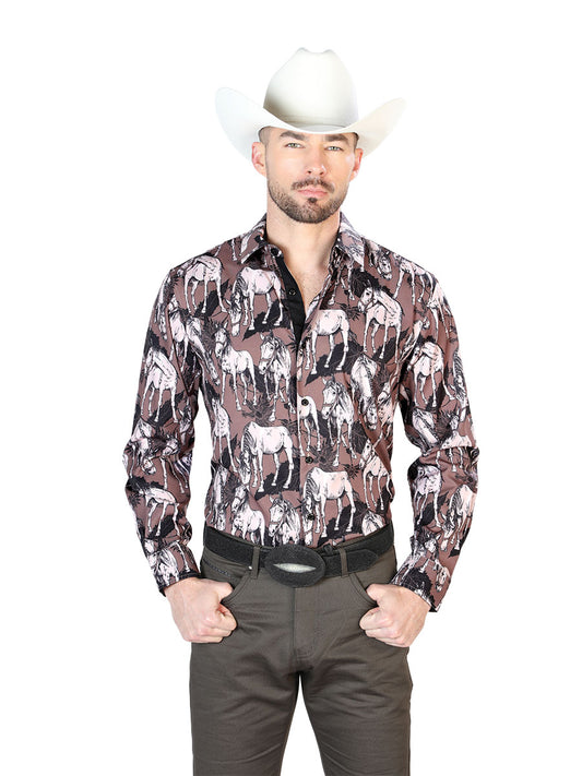 Long Sleeve Denim Shirt Printed with Brown Horses for Men 'El Señor de los Cielos' - ID: 43699 Western Shirt El Señor de los Cielos Brown