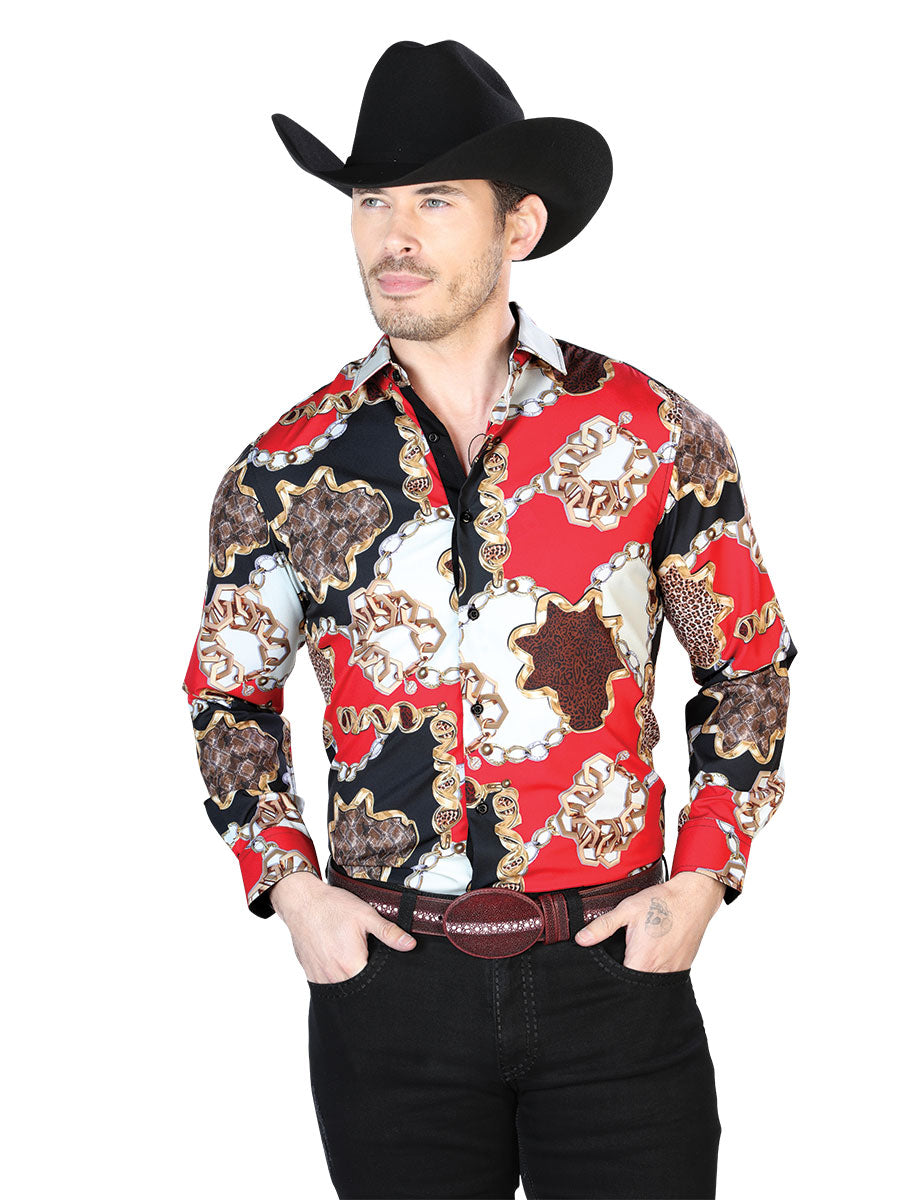 Long Sleeve Printed Black / Red Denim Shirt for Men 'The Lord of the Skies' - ID: 43700
