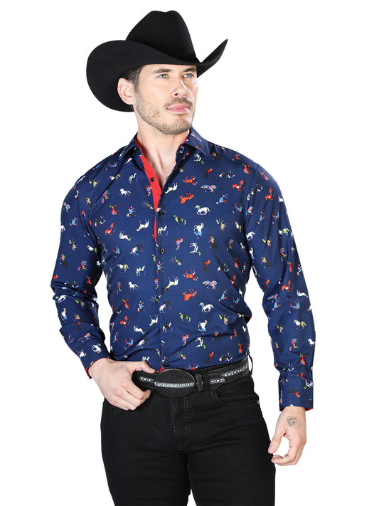 Blue Horse Printed Long Sleeve Denim Shirt for Men 'El Señor de los Cielos' - ID: 43715 Western Shirt El Señor de los Cielos Blue