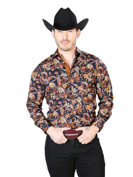 Long Sleeve Denim Shirt Printed Black / Gold Leaves for Men 'The Lord of the Skies' - ID: 43719