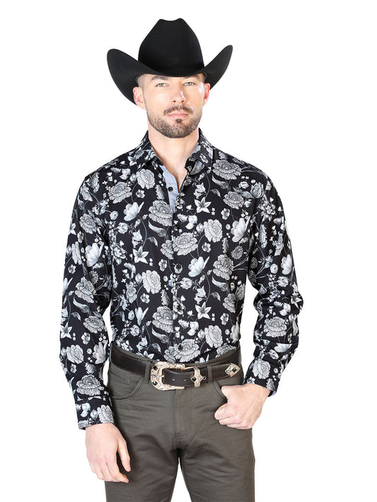 Black/Silver Floral Print Long Sleeve Denim Shirt for Men 'The Lord of the Skies' - ID: 43720