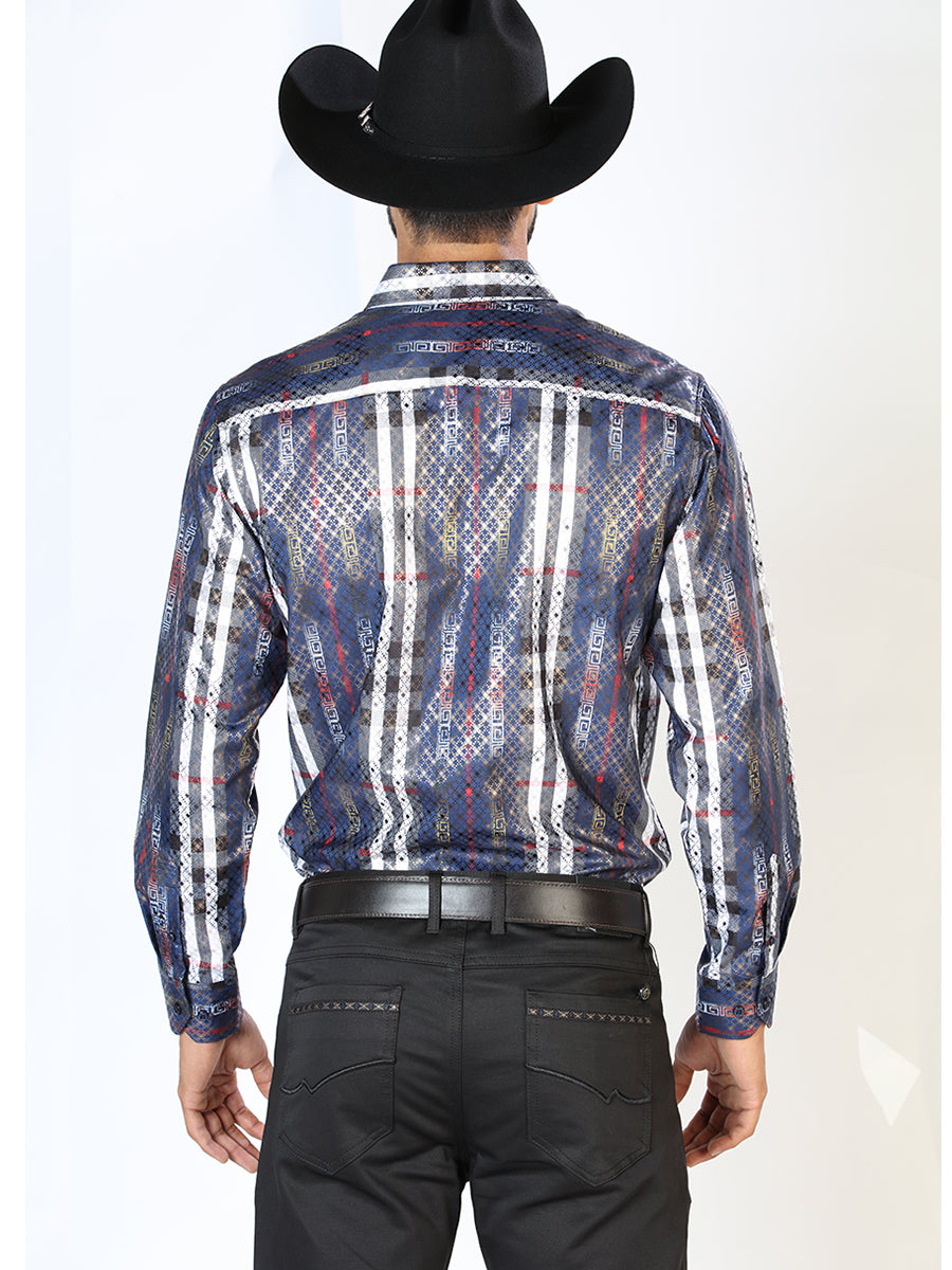 Long Sleeve Denim Shirt Printed Blue Stripes for Men 'The Lord of the Skies' - ID: 43769