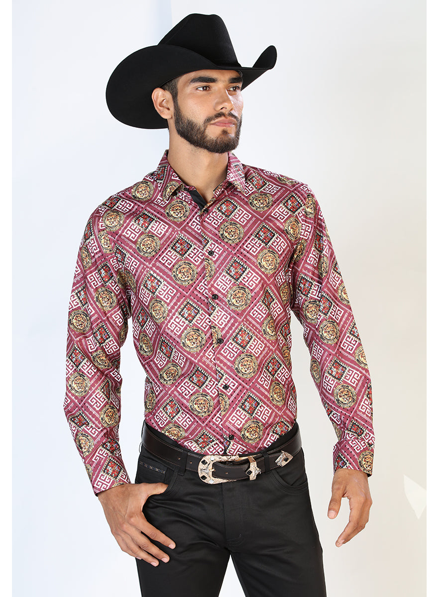 Camisa Vaquera Manga Larga Estampada Vino para Hombre 'El Señor de los Cielos' - ID: 43770 Western Shirt El Señor de los Cielos Wine