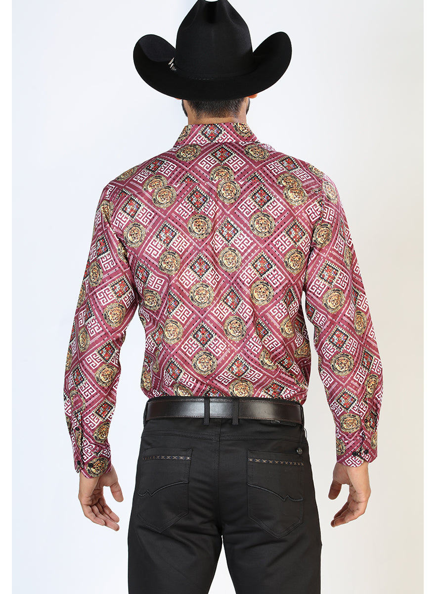 Long Sleeve Wine Printed Denim Shirt for Men 'The Lord of the Skies' - ID: 43770