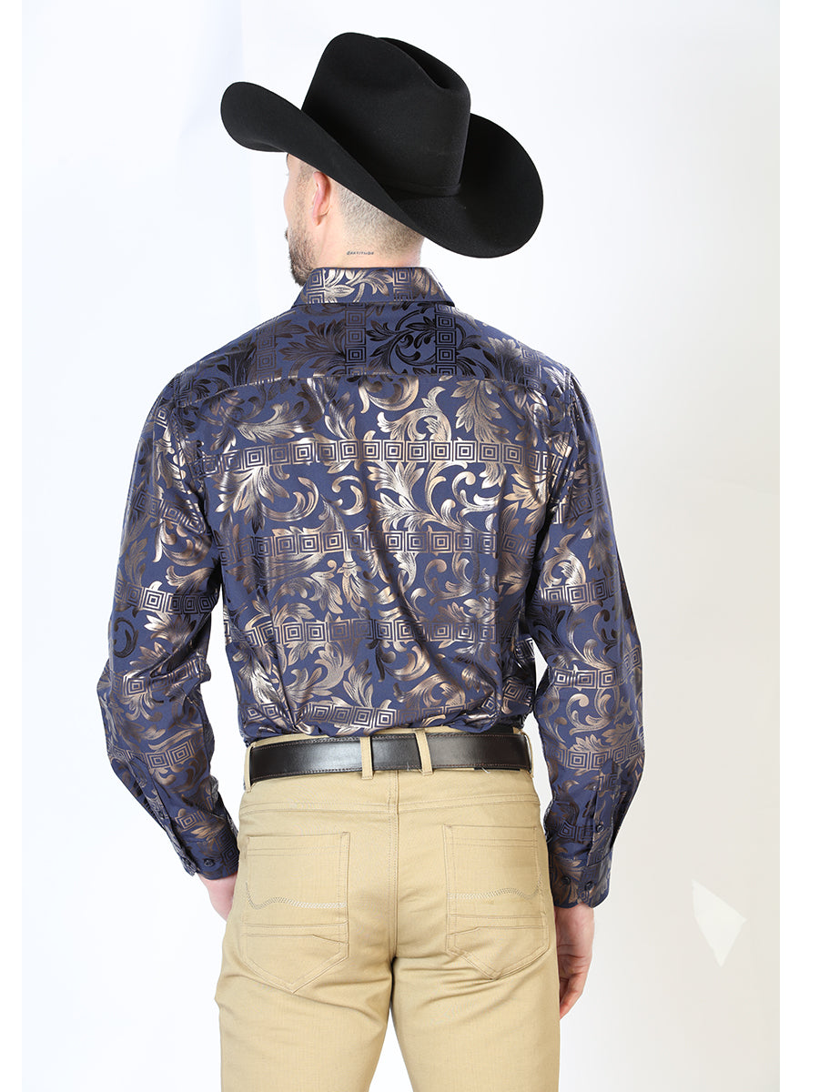 Navy Blue Printed Long Sleeve Denim Shirt for Men 'The Lord of the Skies' - ID: 43773