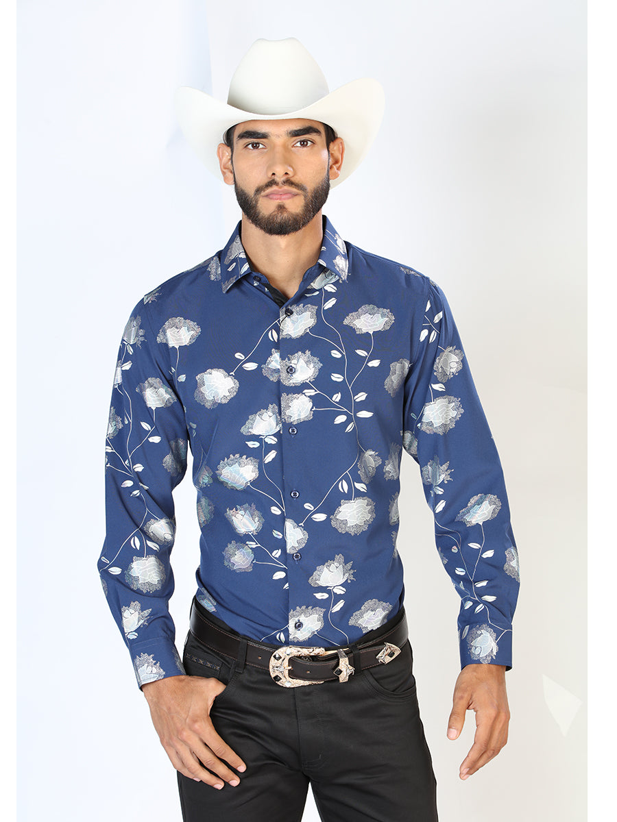 Camisa Vaquera Manga Larga Estampada Floral Azul Marino para Hombre 'El Señor de los Cielos' - ID: 43774 Western Shirt El Señor de los Cielos Navy Blue