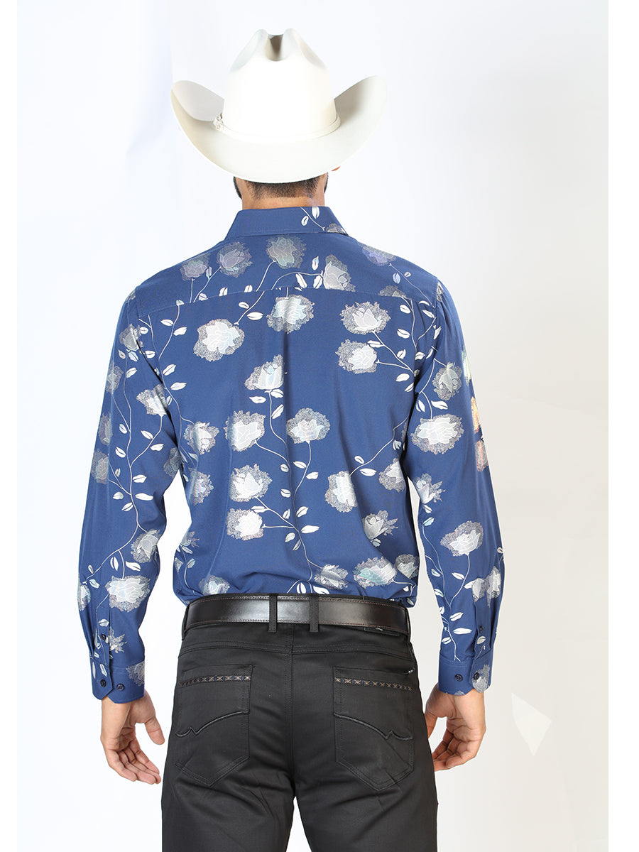 Camisa Vaquera Manga Larga Estampada Floral Azul Marino para Hombre 'El Señor de los Cielos' - ID: 43774 Western Shirt El Señor de los Cielos 