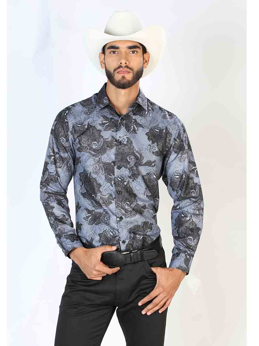 Camisa Vaquera Manga Larga Estampada Cachemir Negro para Hombre 'El Señor de los Cielos' - ID: 43775 Western Shirt El Señor de los Cielos Black