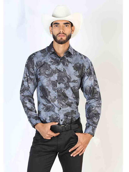 Camisa Vaquera Manga Larga Estampada Cachemir Negro para Hombre 'El Señor de los Cielos' - ID: 43775