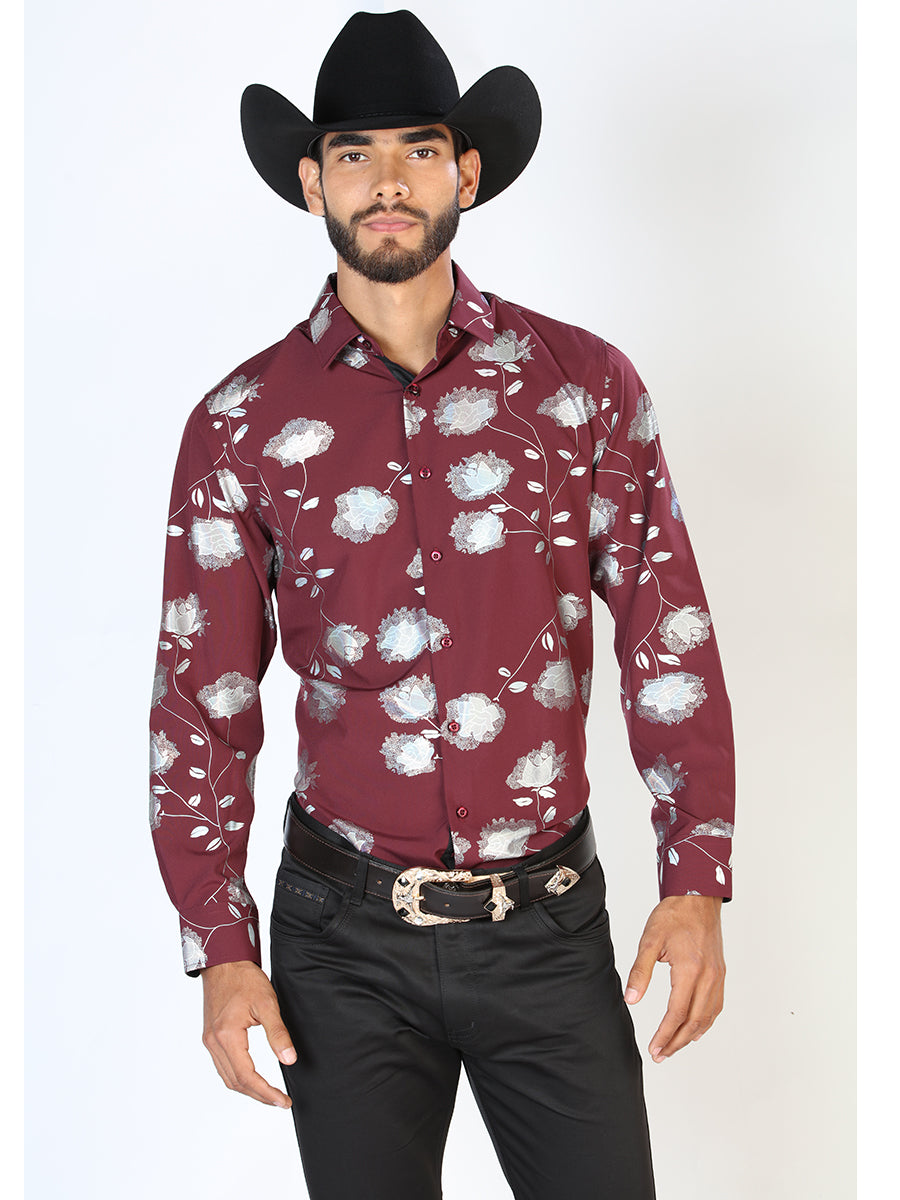Wine Floral Print Long Sleeve Denim Shirt for Men 'The Lord of the Skies' - ID: 43776