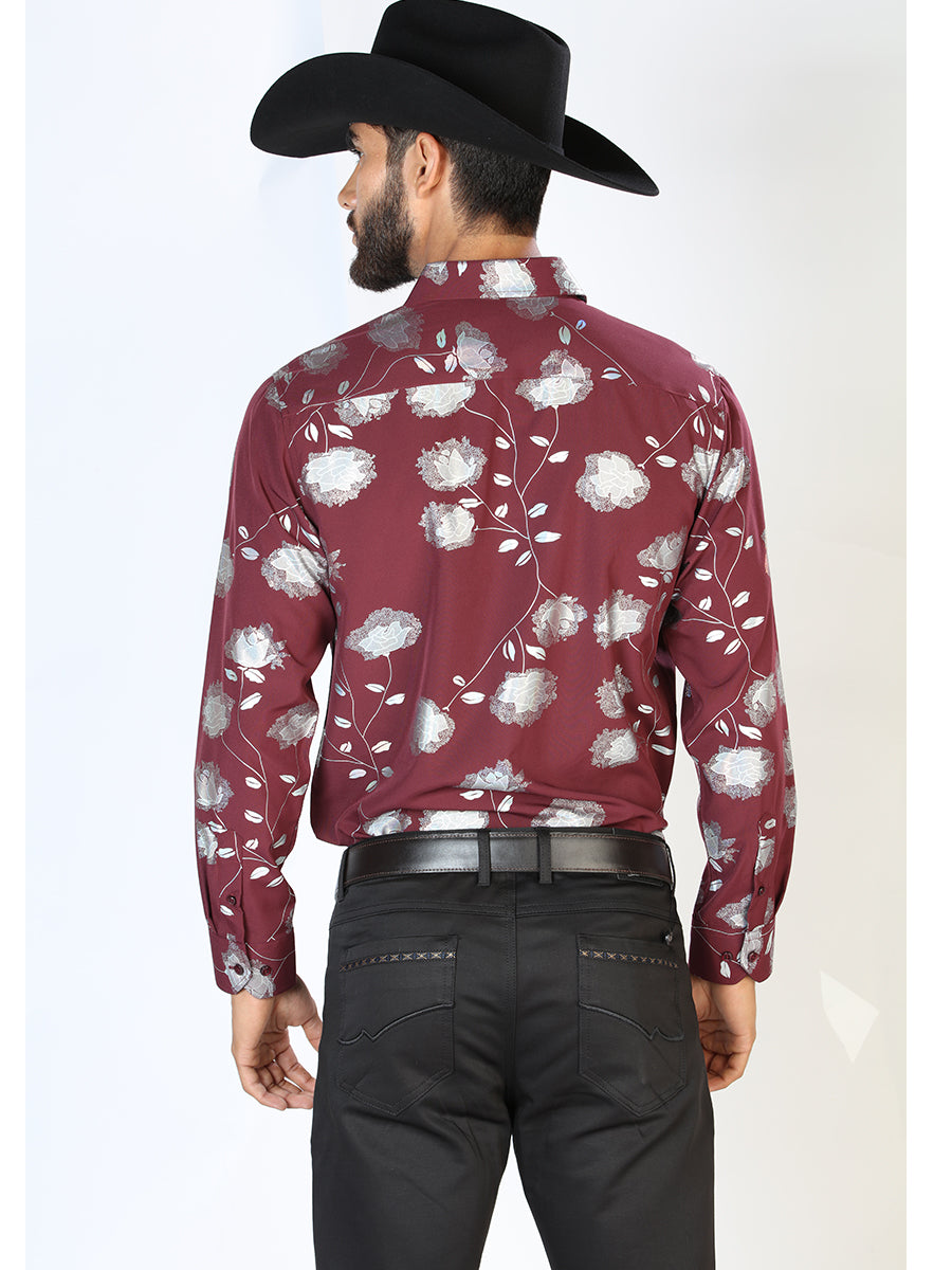 Camisa Vaquera Manga Larga Estampada Floral Vino para Hombre 'El Señor de los Cielos' - ID: 43776 Western Shirt El Señor de los Cielos 